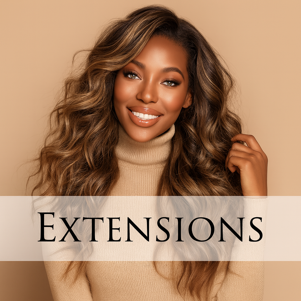 A beautiful African American woman with chocolate-brown skin and long, wavy jet-black hair, wearing a cream ribbed turtleneck. She gazes confidently at the camera under soft studio lighting against a neutral gray background.