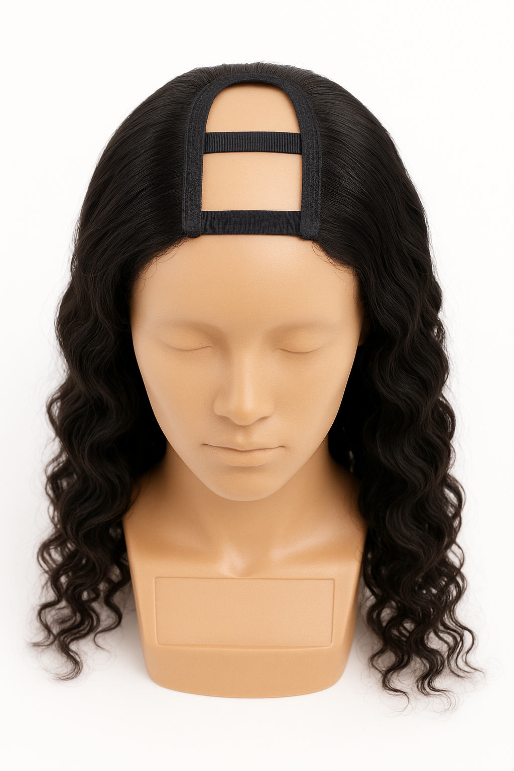 Mannequin head with a black wig on a white background