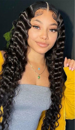 Collage of a woman with long hair, a wig on a mannequin, and close-up of lace front hairline.